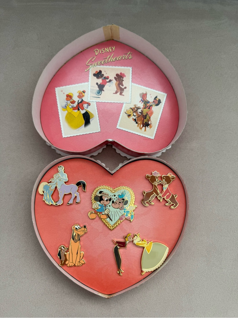 Disney Pin Set Pink Heart-Shaped Chocolate Box Pin Set Disney Catalog 2000